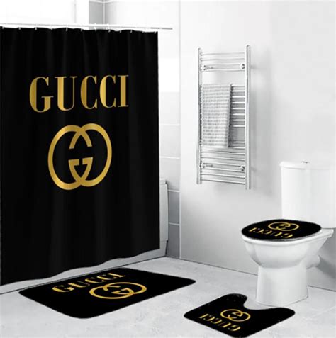 Gucci Luxury Bathroom Set Black And Gold Logo Shower Curtain Brs260