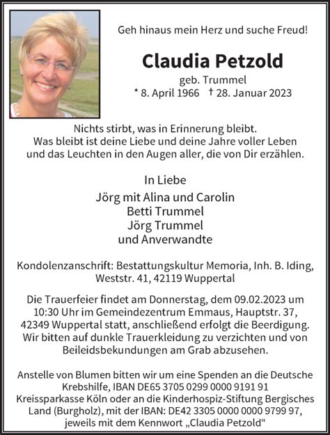 Traueranzeigen Von Claudia Petzold Trauer Und Gedenken