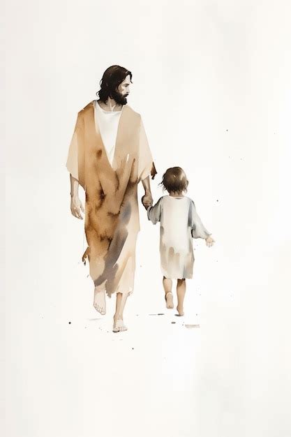 Una Pintura De Acuarela De Jes S Caminando Con Su Hijo Foto Premium