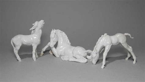 Group Of 3 Meissen White Horses Figurines