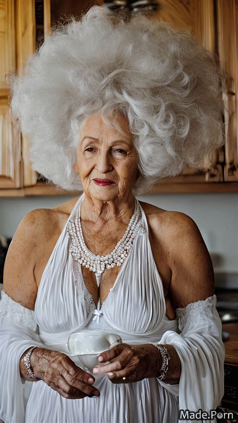 Ai Nude Woman Wild Afro Kitchen Made Caucasian White Hair Granny Photo