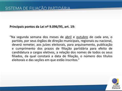 FILIAÇÃO PARTIDÁRIA Legislação e Sistema Filia ppt carregar