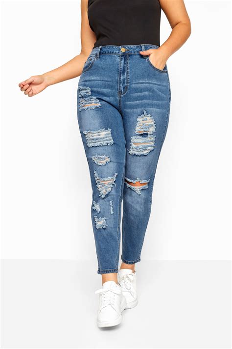 Blue Extreme Distressed Ripped Skinny Stretch AVA Jeans Yours Clothing