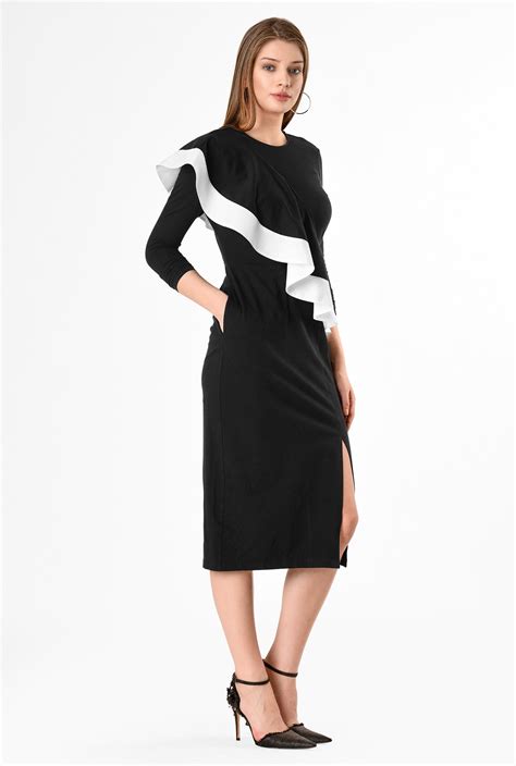 Shop Asymmetric Ruffle Overlay Cotton Knit Sheath Dress Eshakti