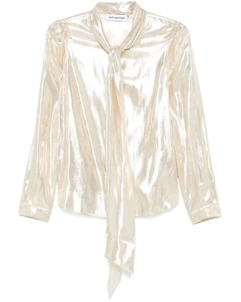 Self Portrait Metallic Pussy Bow Blouse In White Lyst