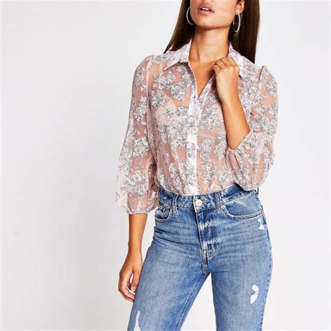 River Island Pink Floral Organza Long Sleeve Shirt Feminine Semi