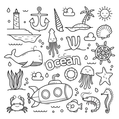 Ocean doodle hand drawn vector clip art objects illustration 9319382 ...