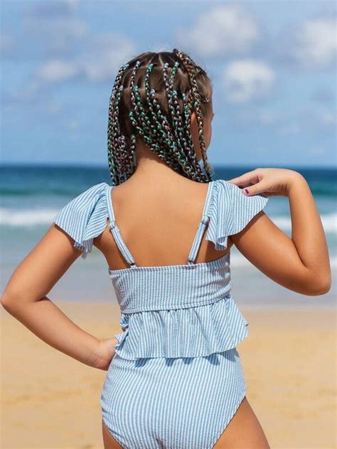 Tween Girl Striped Ruffle Trim Bikini Swimsuit Shein Uk