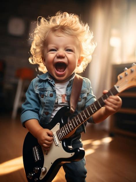 Premium Photo Little Kid Rock Star Playing Electronic Guitar On Stage