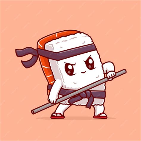 Cute Sushi Ninja Fighter Holding Stick Cartoon Vector Icon Ilustração