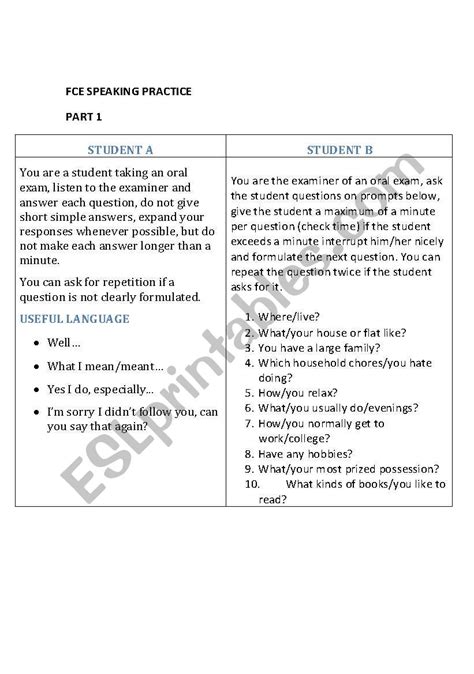 Fce Speaking Practice Part 1 Esl Worksheet By Perlasparza