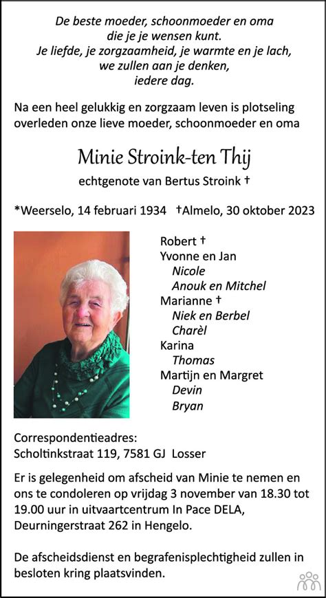 Minie Stroink Ten Thij 30 10 2023 Overlijdensbericht En Condoleances