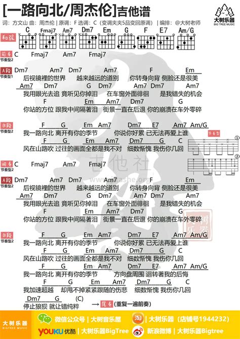 一路向北吉他谱图片谱弹唱大树乐器大树音乐周杰伦jay Chou