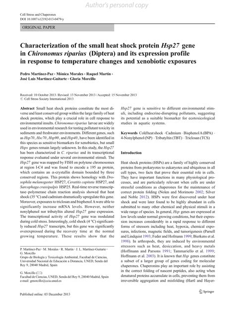 PDF Characterization Of The Small Heat Shock Protein Hsp27 Gene In