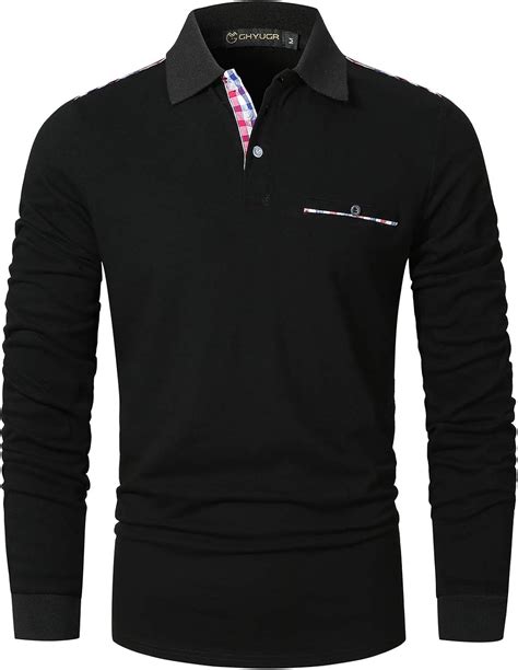 Ghyugr Mens Long Sleeve Polo Shirts With Contrast Color Plaid Splice T Shirtblackl