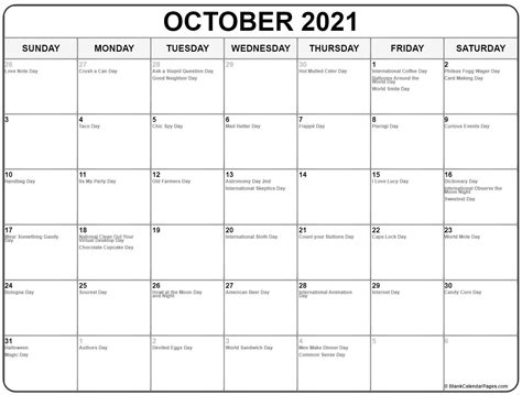 Collection of October 2021 calendars with holidays