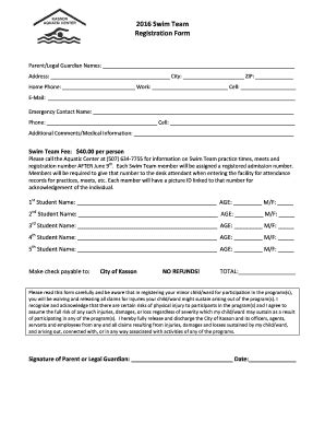 Fillable Online Swim Team Registration Form Cityofkasson Fax