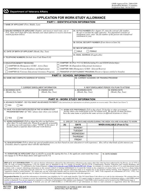 VA Form 22 8691 Application For Work Study Allowance VA Forms