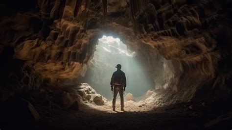 Un Homme Se Tient Dans Une Grotte Avec La Lumi Re Qui Brille Sur Lui