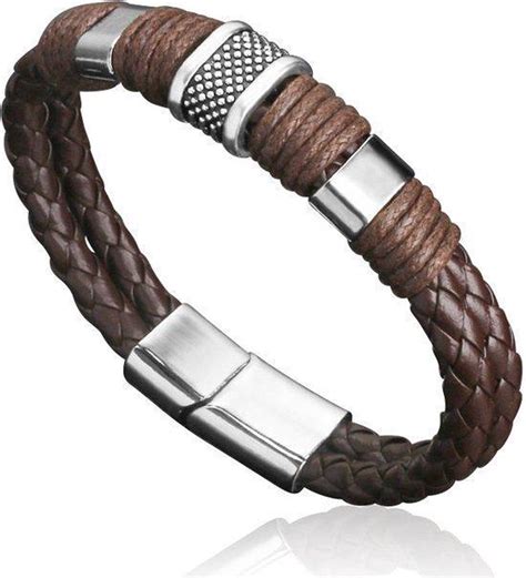 Stoere Heren Armband Bruin Gevlochten Leer Met Stalen Accenten