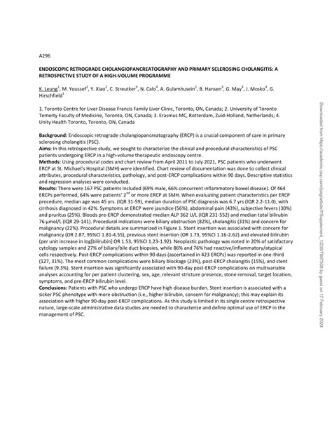 PDF A296 ENDOSCOPIC RETROGRADE CHOLANGIOPANCREATOGRAPHY AND PRIMARY