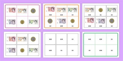 Money Recognition Pound Sterling Matching Bingo Money Coin Recognition