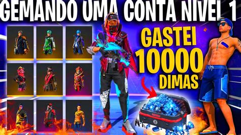 GEMANDO UMA CONTA NIVEL 1 NO FREE FIRE GASTEI 10000 DIAMANTESPEGUEI