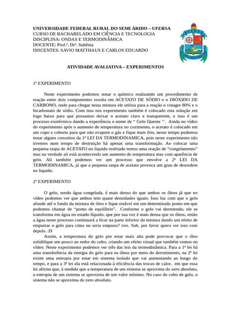 Avaliações Sobre Universidade Federal Rural Do Semi Árido - Universidade Federal Rural Do Semi Árido - Experimentos | PDF | Calor ...