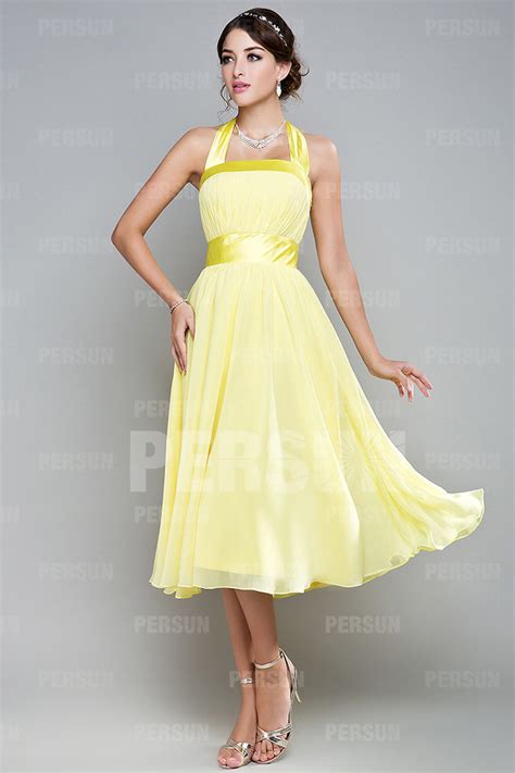 Cute Ribbon Pleats Halter Chiffon Yellow A Line Tea Length Formal