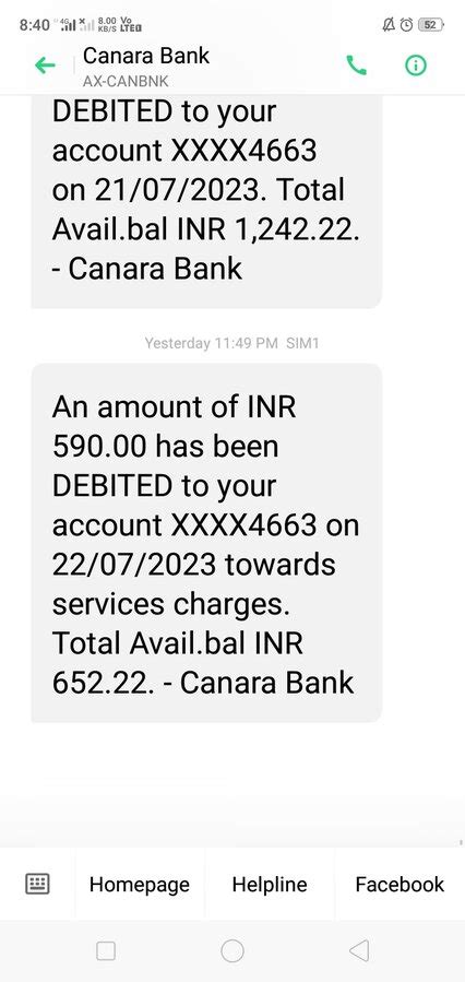 Canara Bank — Debited Rs 590 From Canara Bank Services Charges