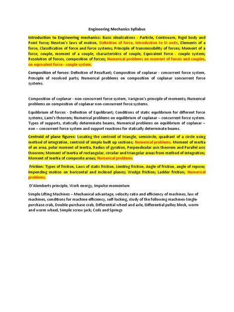 Engineering Mechanics Syllabus | PDF | Force | Machines