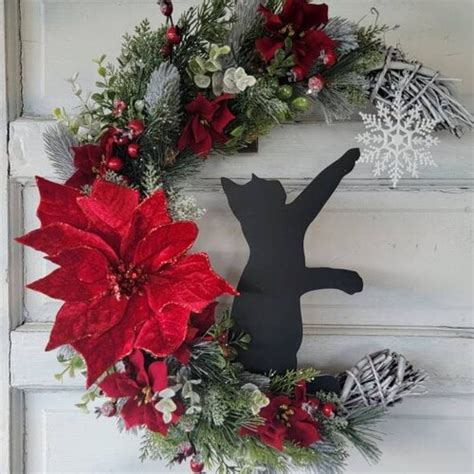 Winter Crescent Moon Black Cat Wreath W Poinsettia Witchy Etsy