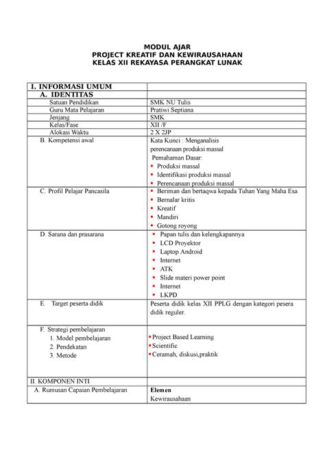 Tiwi Modul Ajar PKK Kls XII RPL MODUL AJAR PROJECT KREATIF DAN