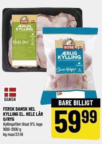 Fersk dansk hel kylling el hele lår u ryg tilbud hos Løvbjerg