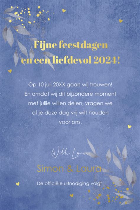 Save The Date Kerstkaart Blauw Kalender Bloemen Goudfolie