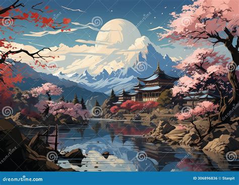 Illustration of Japanese Beautiful Landscapes during Japanese Cherry ...