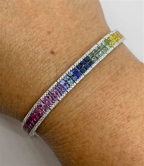 Rainbow Sapphire Tennis Bracelet K White Gold Rainbow Etsy