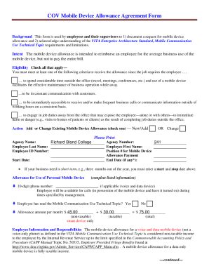 Fillable Online COV Mobile Device Allowance Agreement Form Virginia