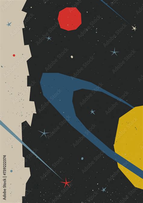 Abstract Space Illustration 1950s - 1960s Space Age Posters Style, Jupiter, Stars and Sun, Aged ...