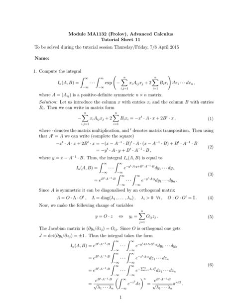 Module Ma Frolov Advanced Calculus Tutorial Sheet