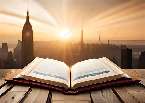 Al Qur An Open In The Roof Sunrise City View Background Al Quran