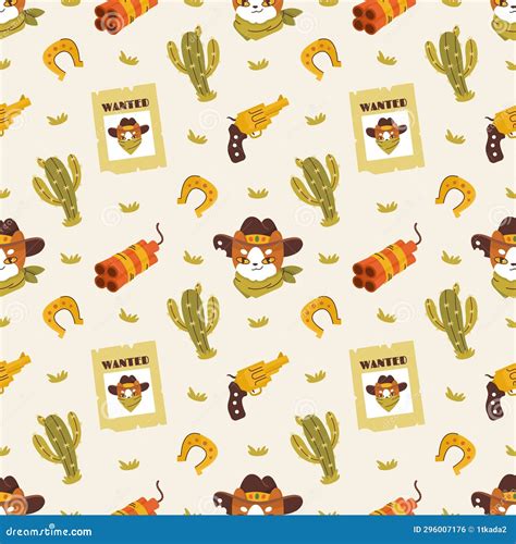 Vector Seamless Pattern With Symbols Of The Wild West Cute Sheriff