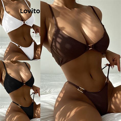 Lovito Women Sexy Plain Metal Lace Up Bikini Sets Lnl Shopee