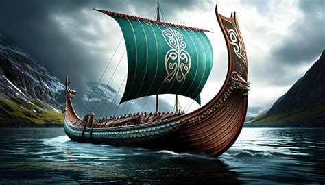 Sail Ship The Viking With Green Sails Is Floating In Water Backgrounds ...