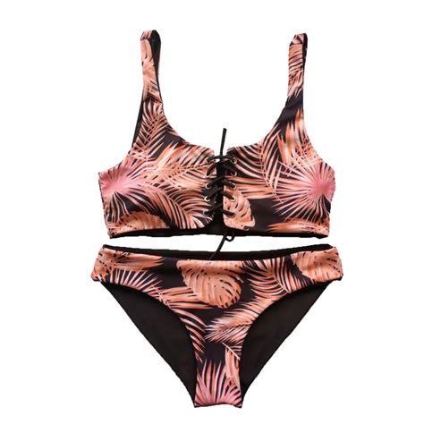 Janememory Women Sexy Swimwear Leaf Print Bikini Both Sides Can Wear