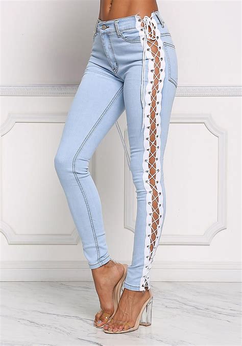 Light Denim Side Lace Up Skinny Jeans New Love This Outfit