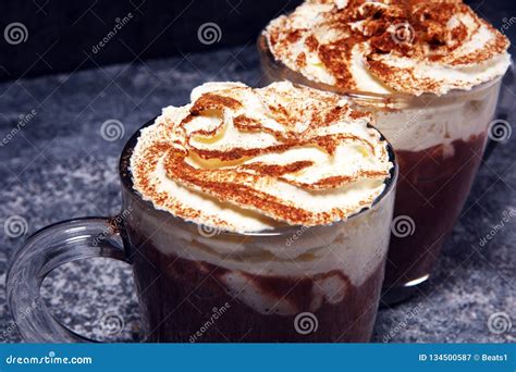 Hot Chocolate Cocoa With Whipped Cream For Xmas On Table Stock Image Image Of Festive