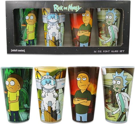 Just Funky Rick And Morty Pint Glass Set Set Of 4 16 Oz Drinking Glasses