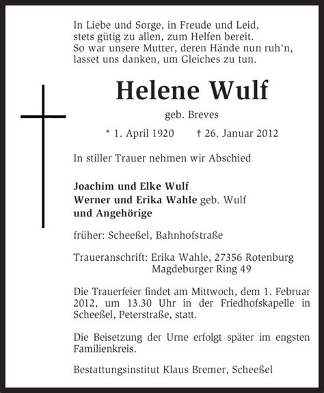 Traueranzeigen Von Helene Wulf Trauer Kreiszeitung De