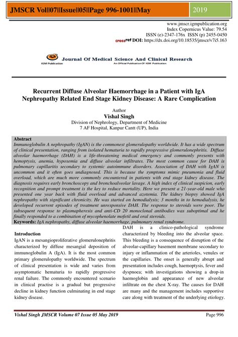 PDF Recurrent Diffuse Alveolar Haemorrhage In A Patient With IgA